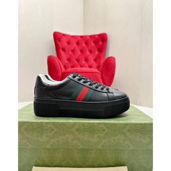 Gucci Ace Embossed Leather Platform Sneakers with Web Black 2024 GG101409 (MD-241014108)