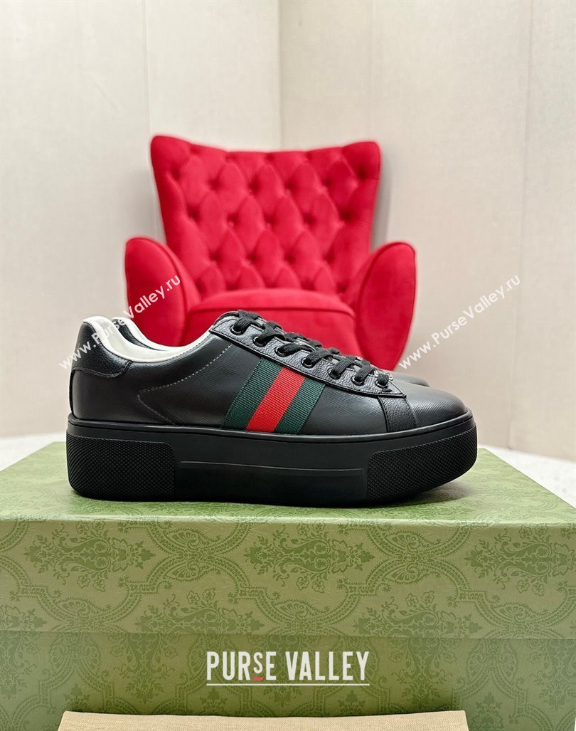 Gucci Ace Embossed Leather Platform Sneakers with Web Black 2024 GG101409 (MD-241014108)