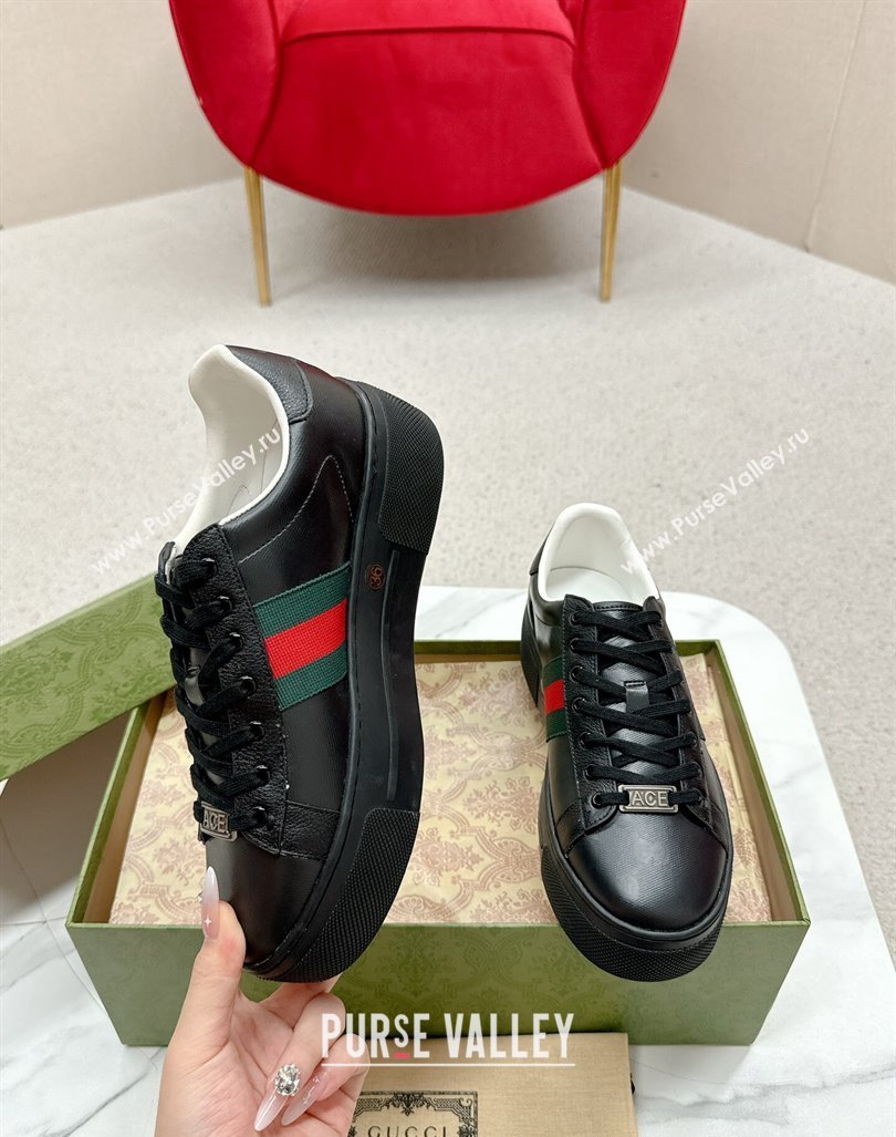 Gucci Ace Embossed Leather Platform Sneakers with Web Black 2024 GG101409 (MD-241014108)