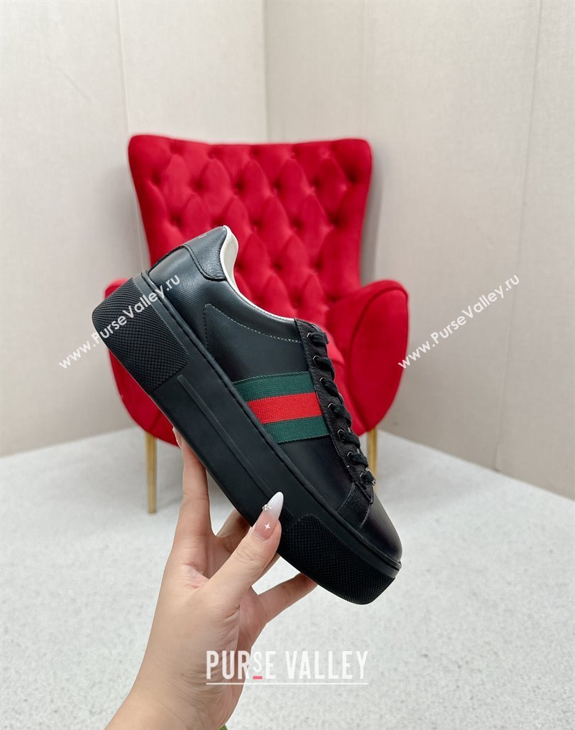 Gucci Ace Embossed Leather Platform Sneakers with Web Black 2024 GG101409 (MD-241014108)