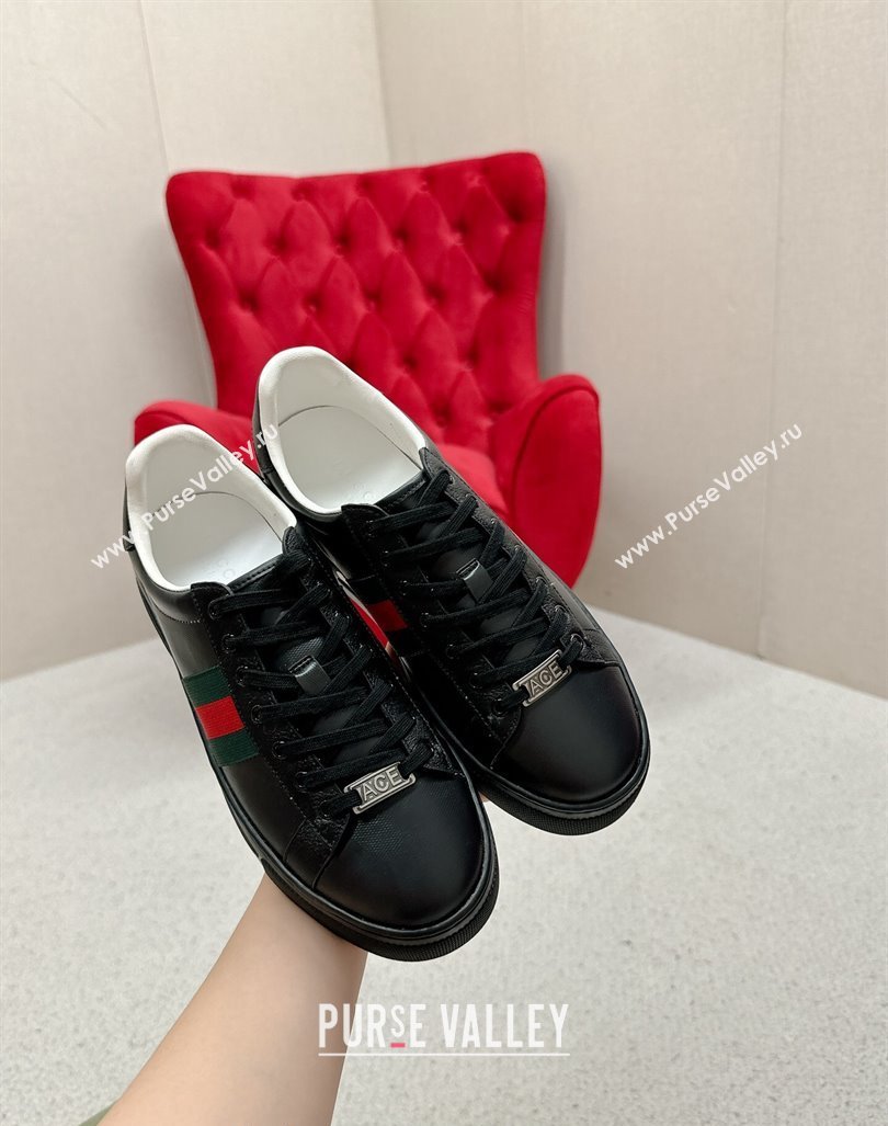 Gucci Ace Embossed Leather Platform Sneakers with Web Black 2024 GG101409 (MD-241014108)