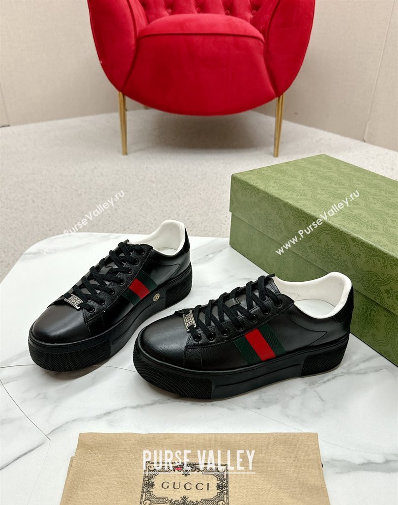 Gucci Ace Embossed Leather Platform Sneakers with Web Black 2024 GG101409 (MD-241014108)