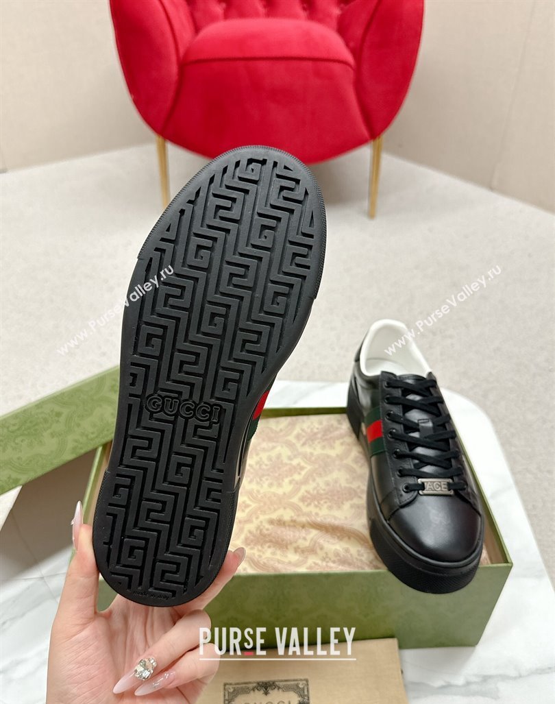 Gucci Ace Embossed Leather Platform Sneakers with Web Black 2024 GG101409 (MD-241014108)