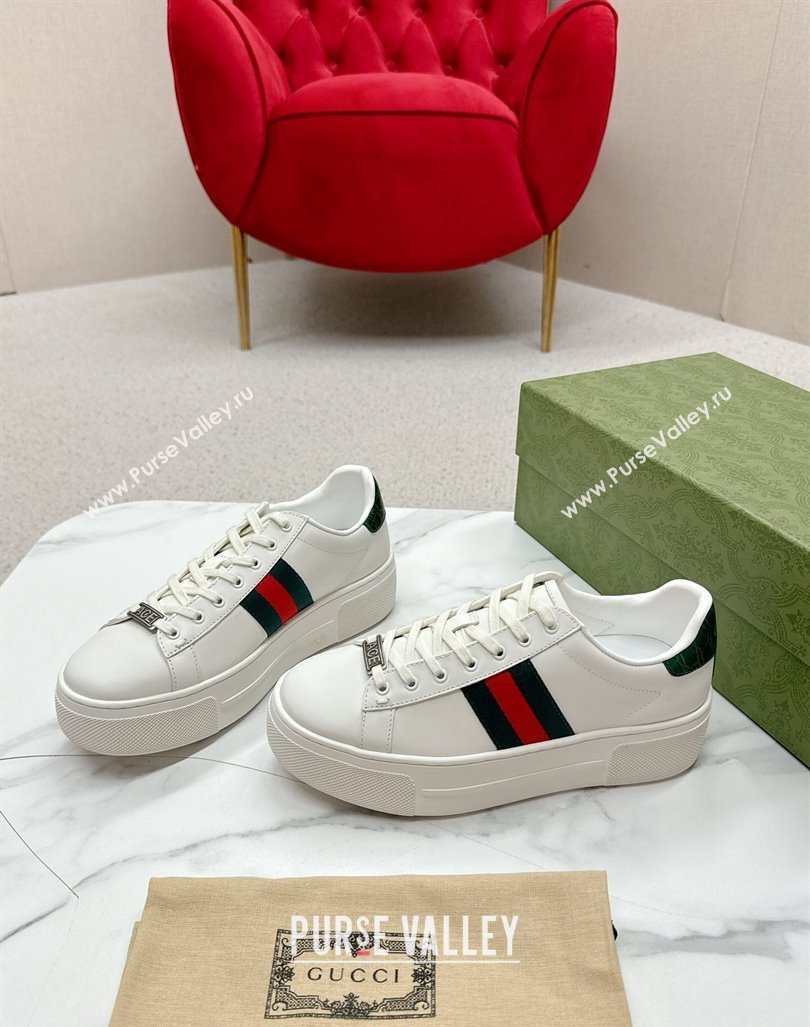 Gucci Ace Leather Platform Sneakers with Web White/Green 2024 GG101409 (MD-241014109)