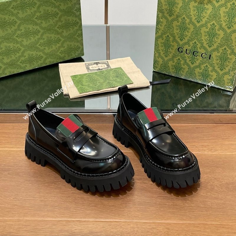 Gucci Womens Black Leather Loafers with Web 2024 806399 (SS-241014042)