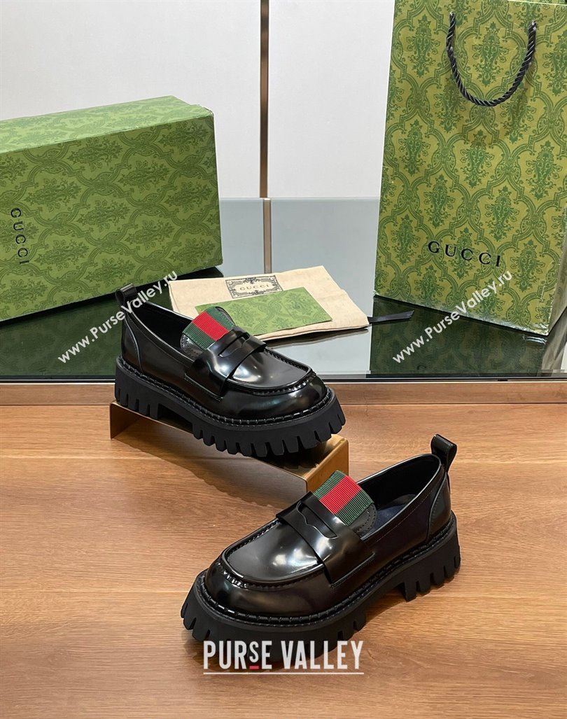 Gucci Womens Black Leather Loafers with Web 2024 806399 (SS-241014042)