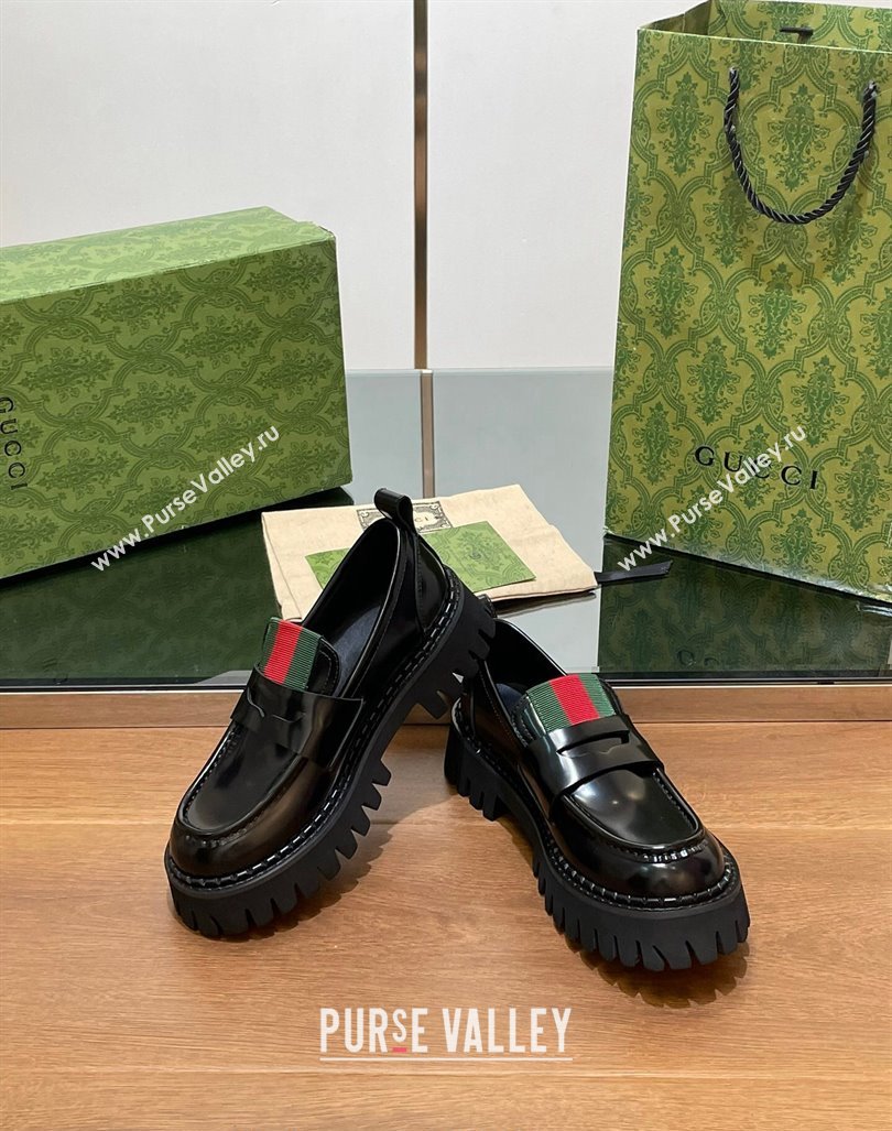 Gucci Womens Black Leather Loafers with Web 2024 806399 (SS-241014042)