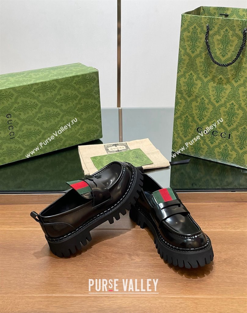 Gucci Womens Black Leather Loafers with Web 2024 806399 (SS-241014042)