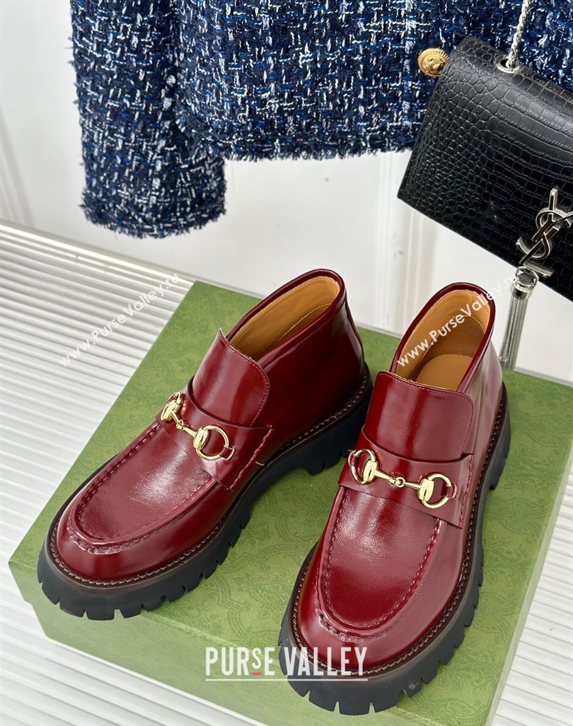 Gucci Leather Platform Ankle Boots 4.5cm with Horsebit Burgundy 2024 GG101402 (MD-241014039)