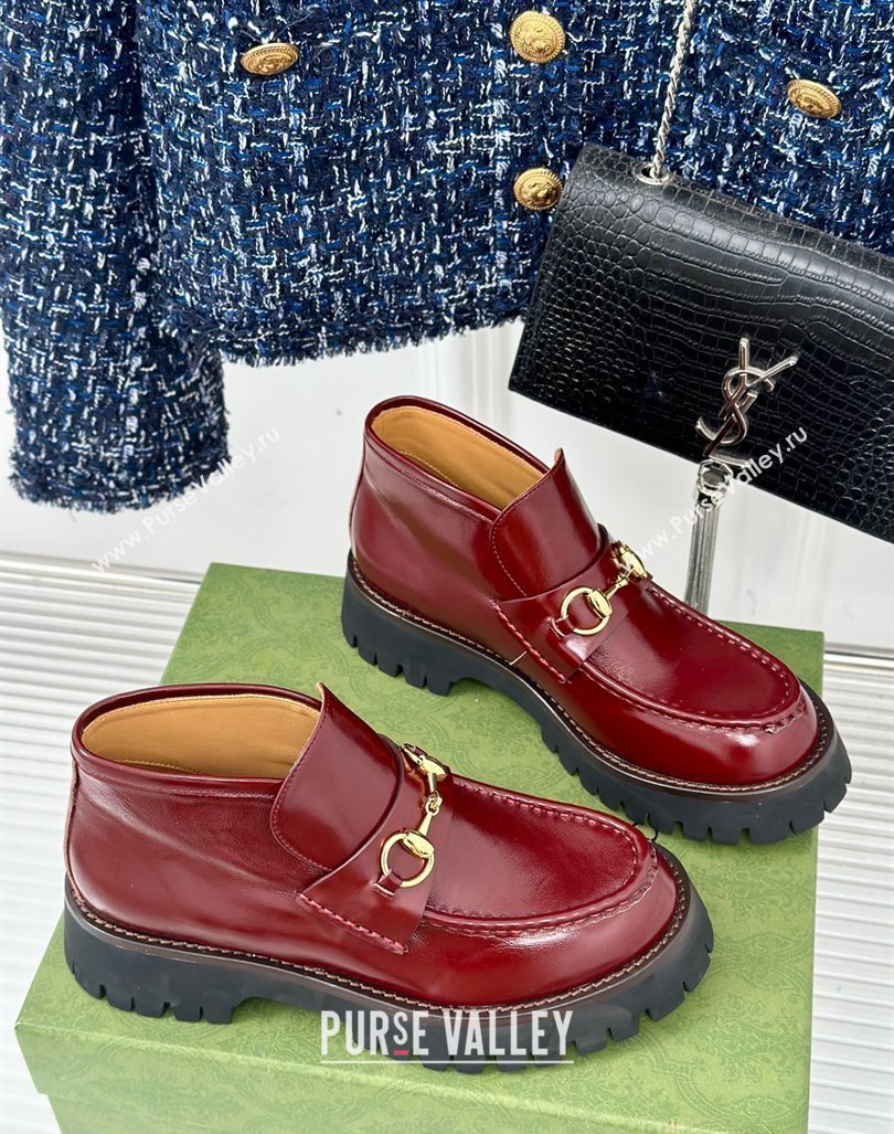 Gucci Leather Platform Ankle Boots 4.5cm with Horsebit Burgundy 2024 GG101402 (MD-241014039)