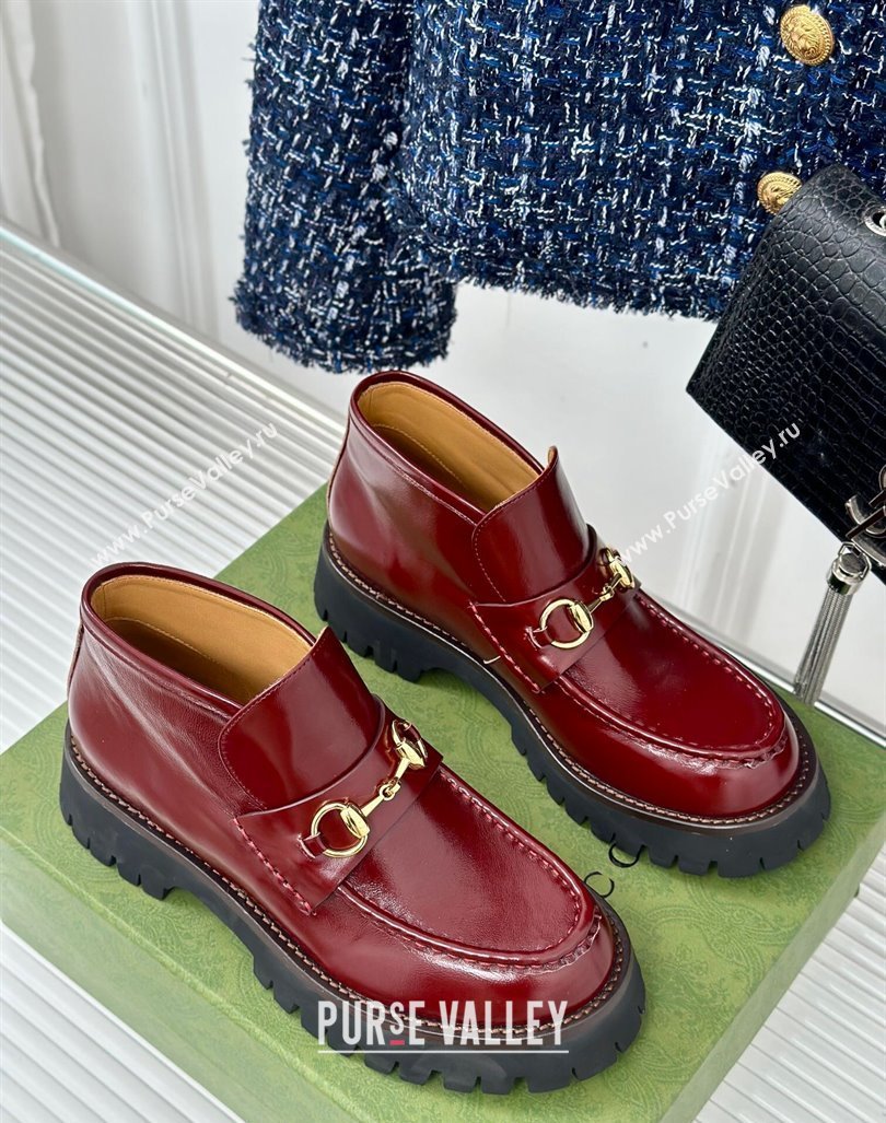 Gucci Leather Platform Ankle Boots 4.5cm with Horsebit Burgundy 2024 GG101402 (MD-241014039)