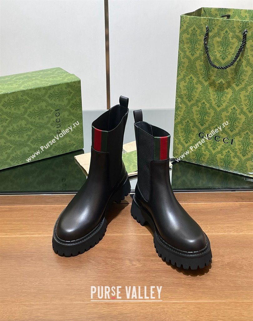 Gucci Womens Black Calf Leather Ankle Boots 5cm with Web 2024 GG101402 (SS-241014045)