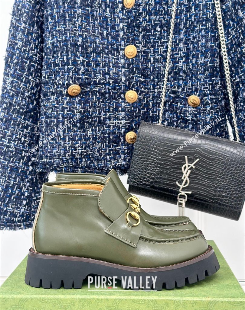 Gucci Leather Platform Ankle Boots 4.5cm with Horsebit Green 2024 GG101402 (MD-241014041)