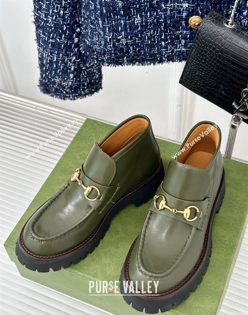 Gucci Leather Platform Ankle Boots 4.5cm with Horsebit Green 2024 GG101402 (MD-241014041)