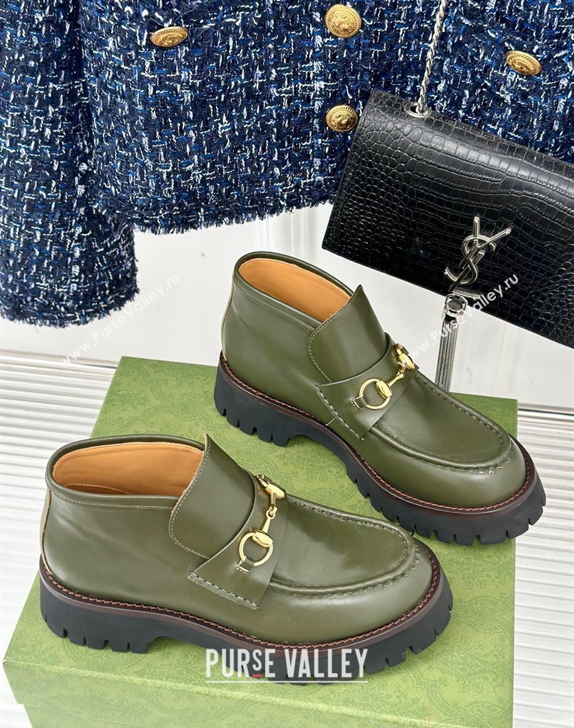 Gucci Leather Platform Ankle Boots 4.5cm with Horsebit Green 2024 GG101402 (MD-241014041)