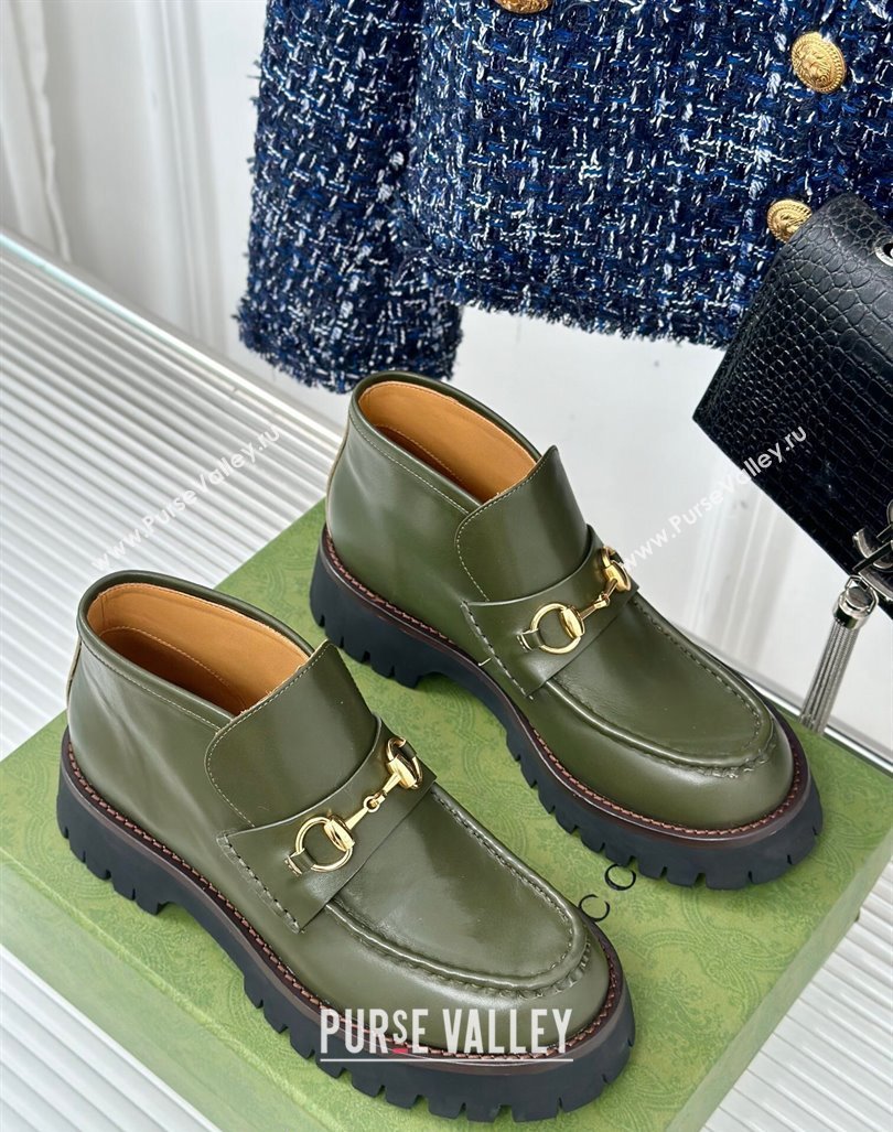 Gucci Leather Platform Ankle Boots 4.5cm with Horsebit Green 2024 GG101402 (MD-241014041)