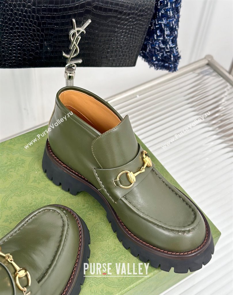 Gucci Leather Platform Ankle Boots 4.5cm with Horsebit Green 2024 GG101402 (MD-241014041)