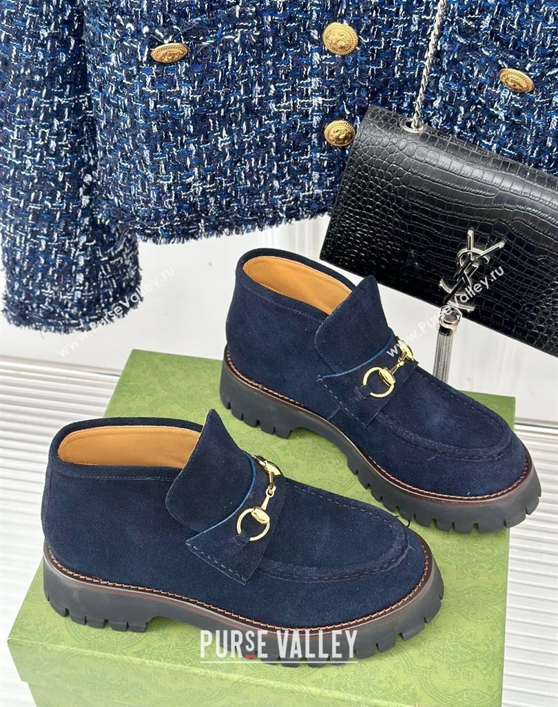 Gucci Suede Platform Ankle Boots 4.5cm with Horsebit Dark Blue 2024 GG101402 (MD-241014037)