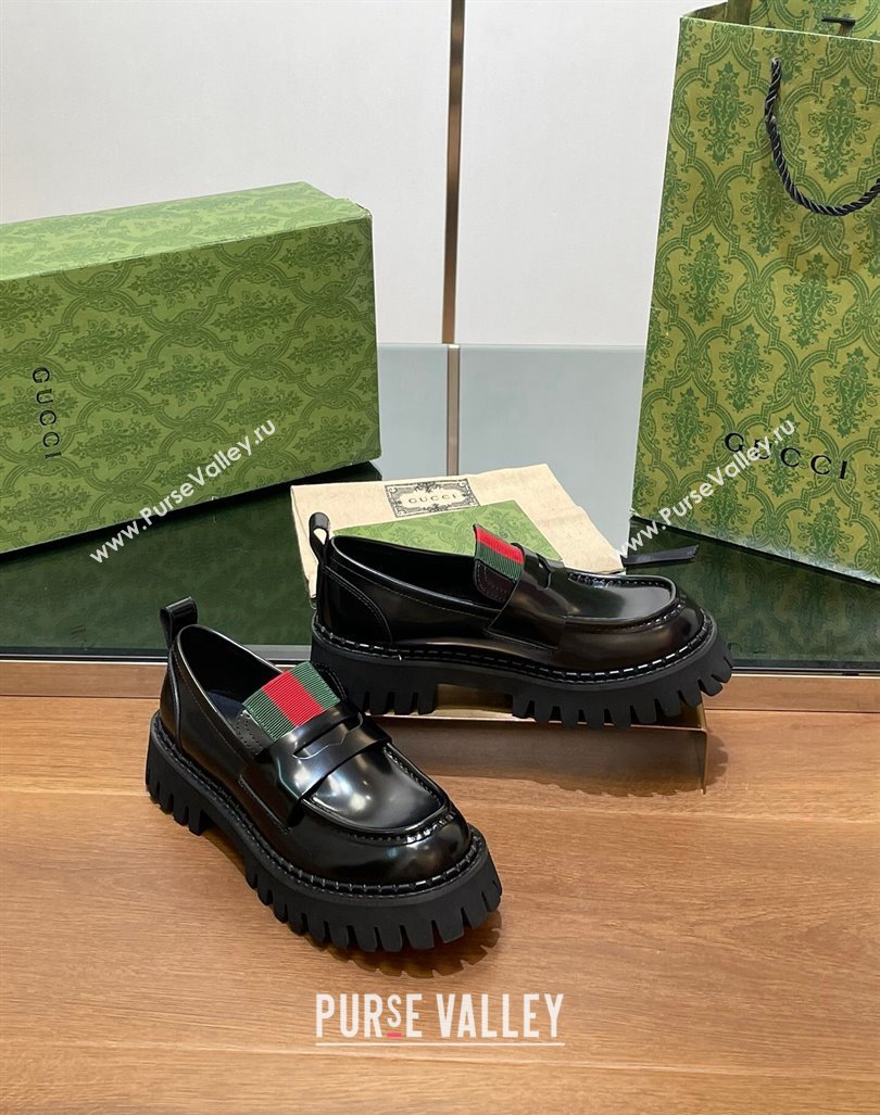 Gucci Womens Black Leather Loafers with Web 2024 806399 (SS-241014042)