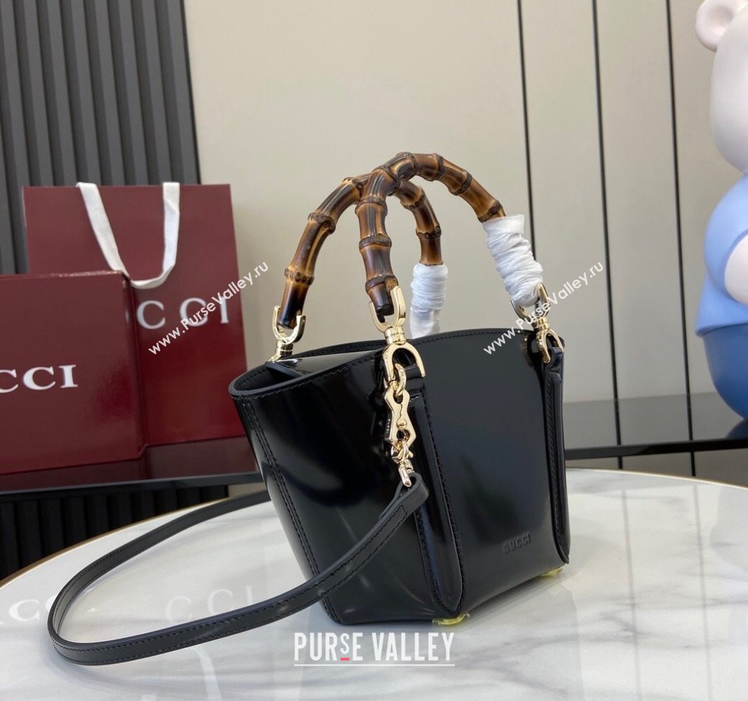 Gucci Shiny Leather Mini Bamboo Top Handle Tote Bag Black 2024 805832 (XLU-241102021)