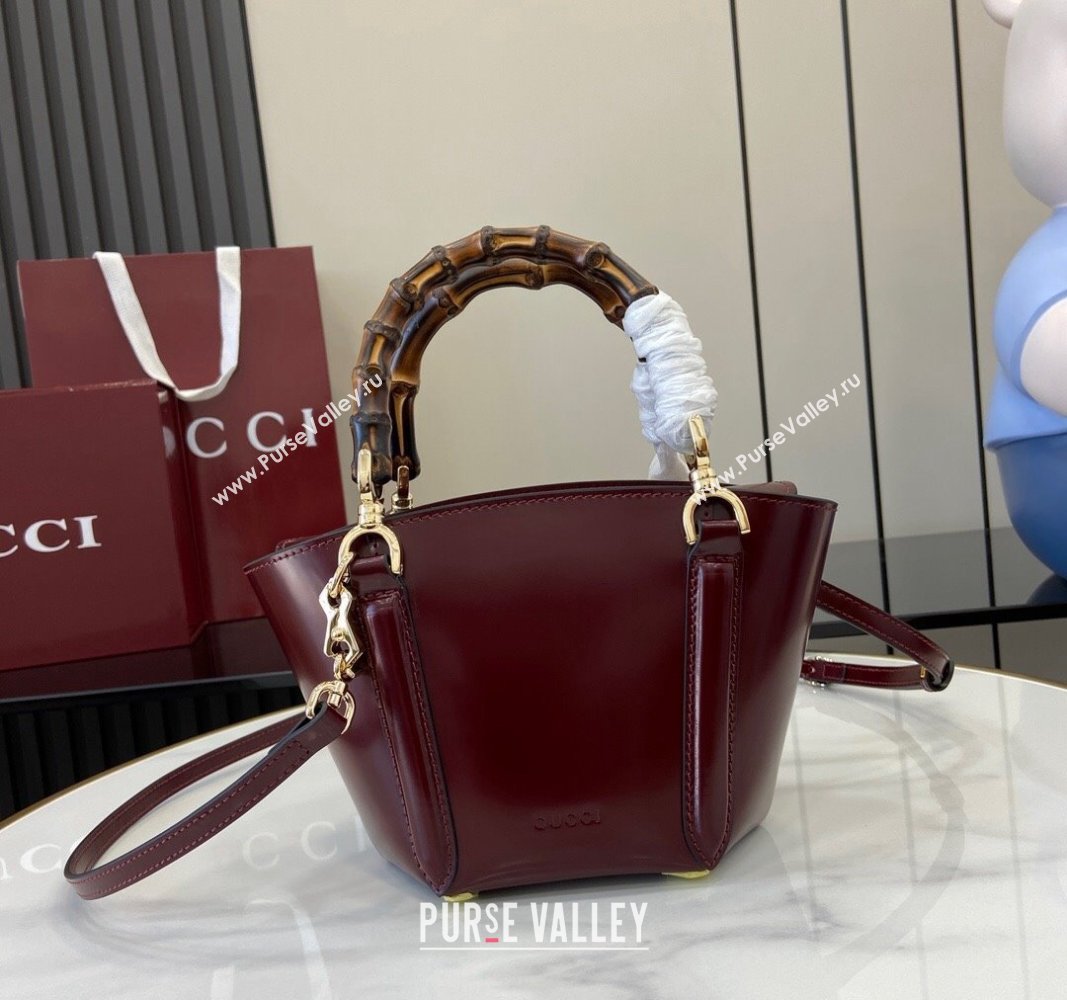 Gucci Shiny Leather Mini Bamboo Top Handle Tote Bag Burgundy 2024 805832 (XLU-241102022)