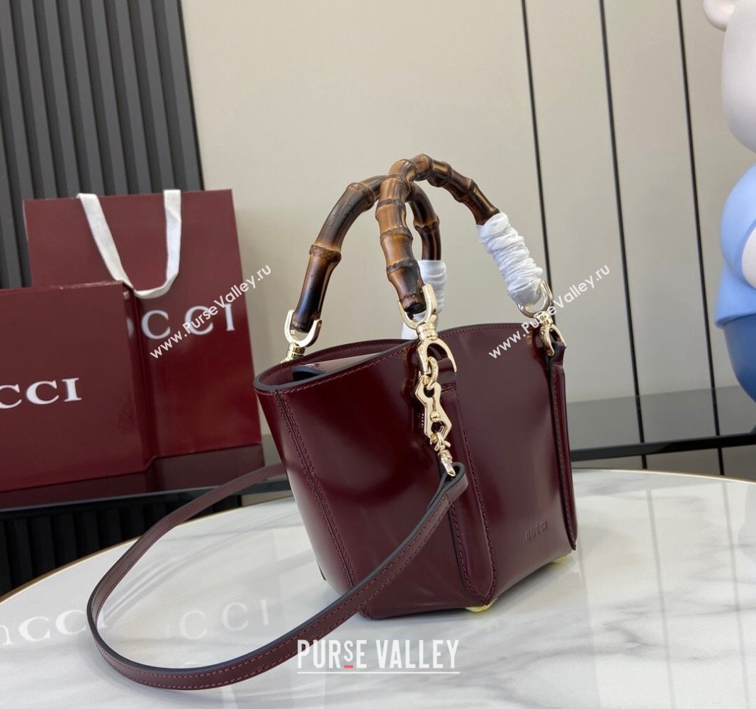 Gucci Shiny Leather Mini Bamboo Top Handle Tote Bag Burgundy 2024 805832 (XLU-241102022)