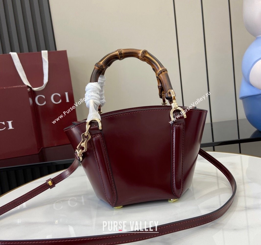 Gucci Shiny Leather Mini Bamboo Top Handle Tote Bag Burgundy 2024 805832 (XLU-241102022)