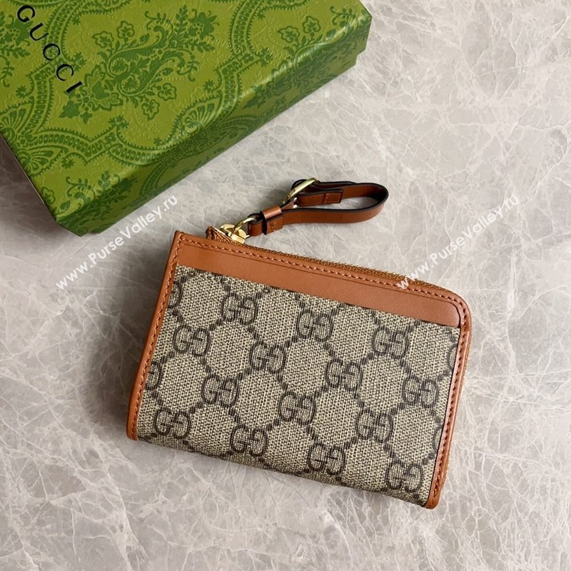 Gucci GG Canvas Emblem Zip Card Case Wallet with Strap Beige/Brown 2024 821804 (DLH-241104017)