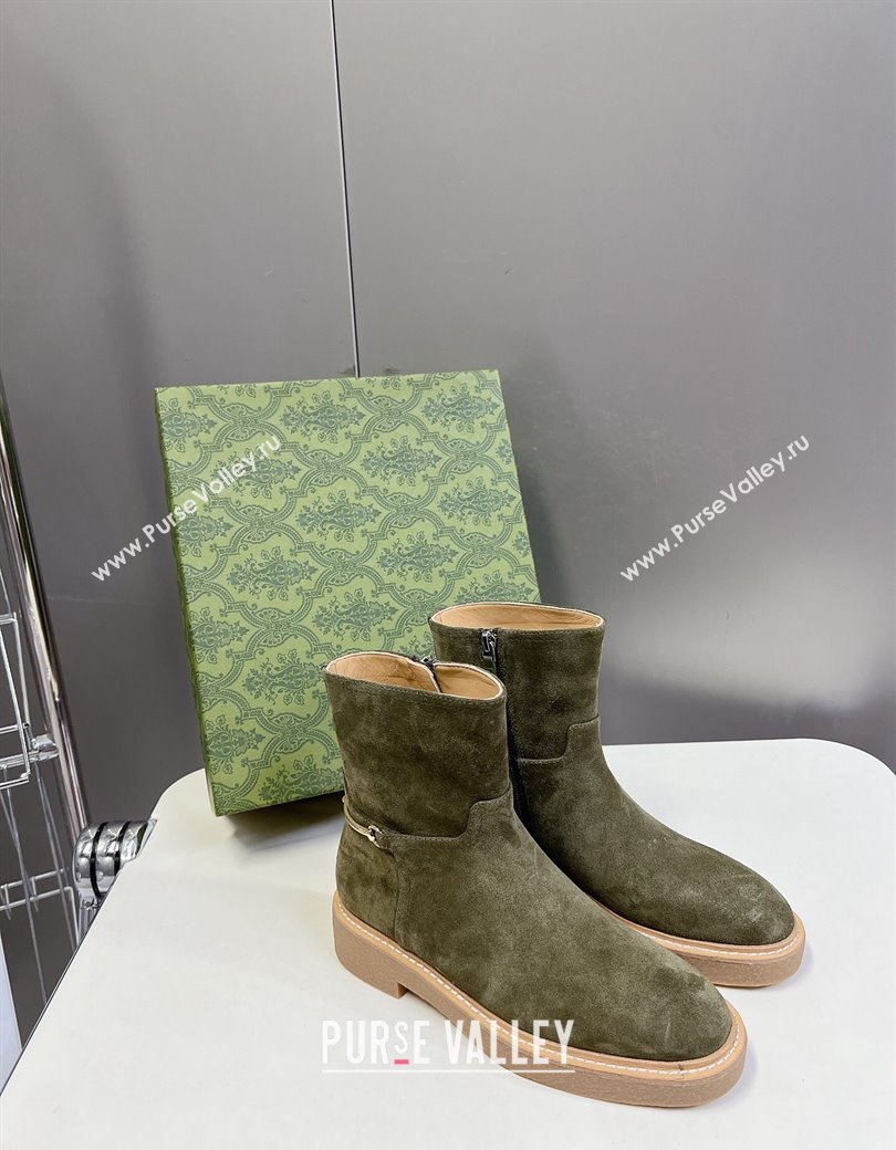 Gucci Slim Horsebit Ankle Flat Boots in Suede Green 2024 805310 (MD-241118055)