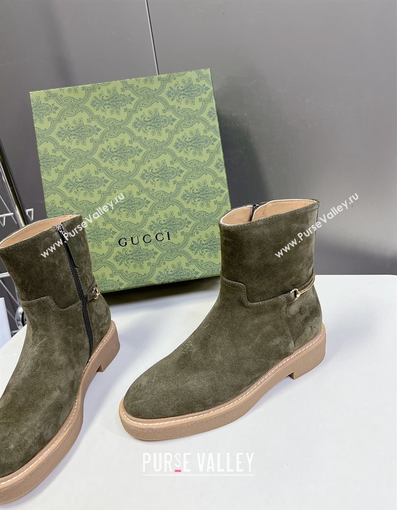 Gucci Slim Horsebit Ankle Flat Boots in Suede Green 2024 805310 (MD-241118055)