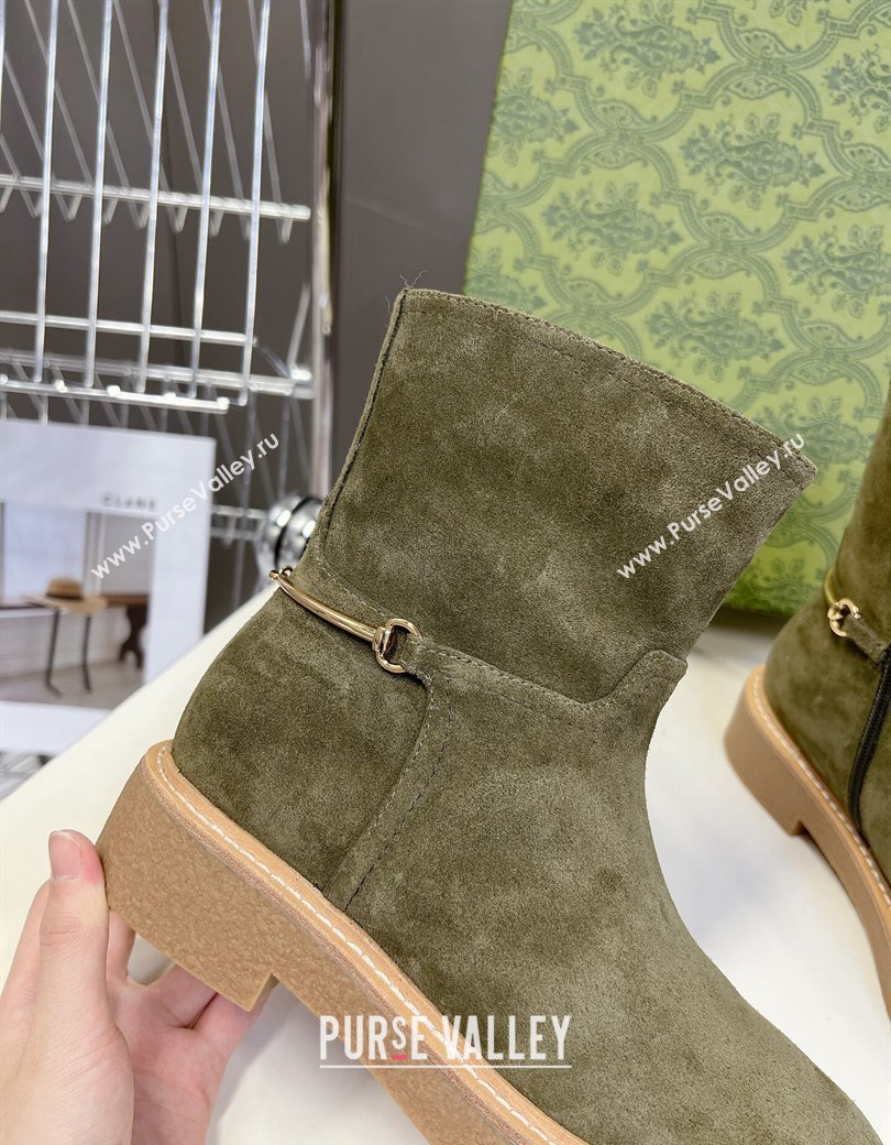 Gucci Slim Horsebit Ankle Flat Boots in Suede Green 2024 805310 (MD-241118055)