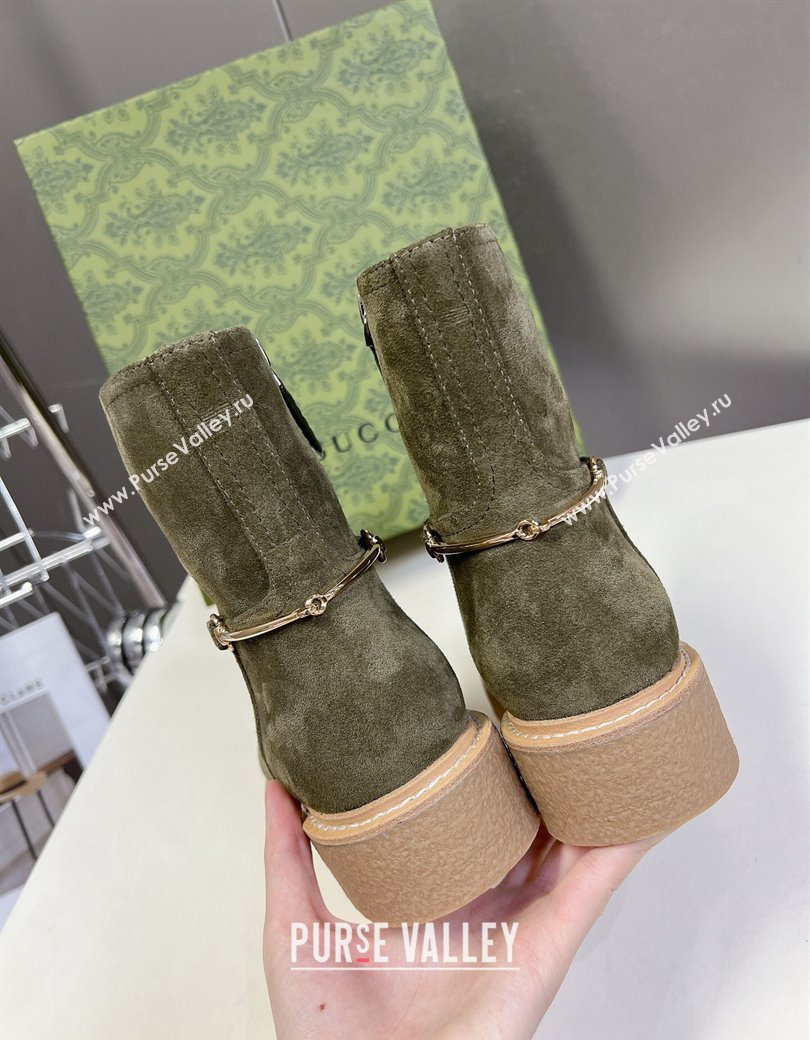 Gucci Slim Horsebit Ankle Flat Boots in Suede Green 2024 805310 (MD-241118055)