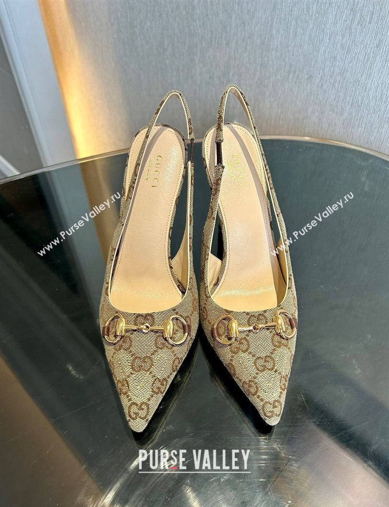 Gucci GG Canvas Slingback Pumps 10.5cm with Horsebit Beige 2024 782627 (MD-241119023)