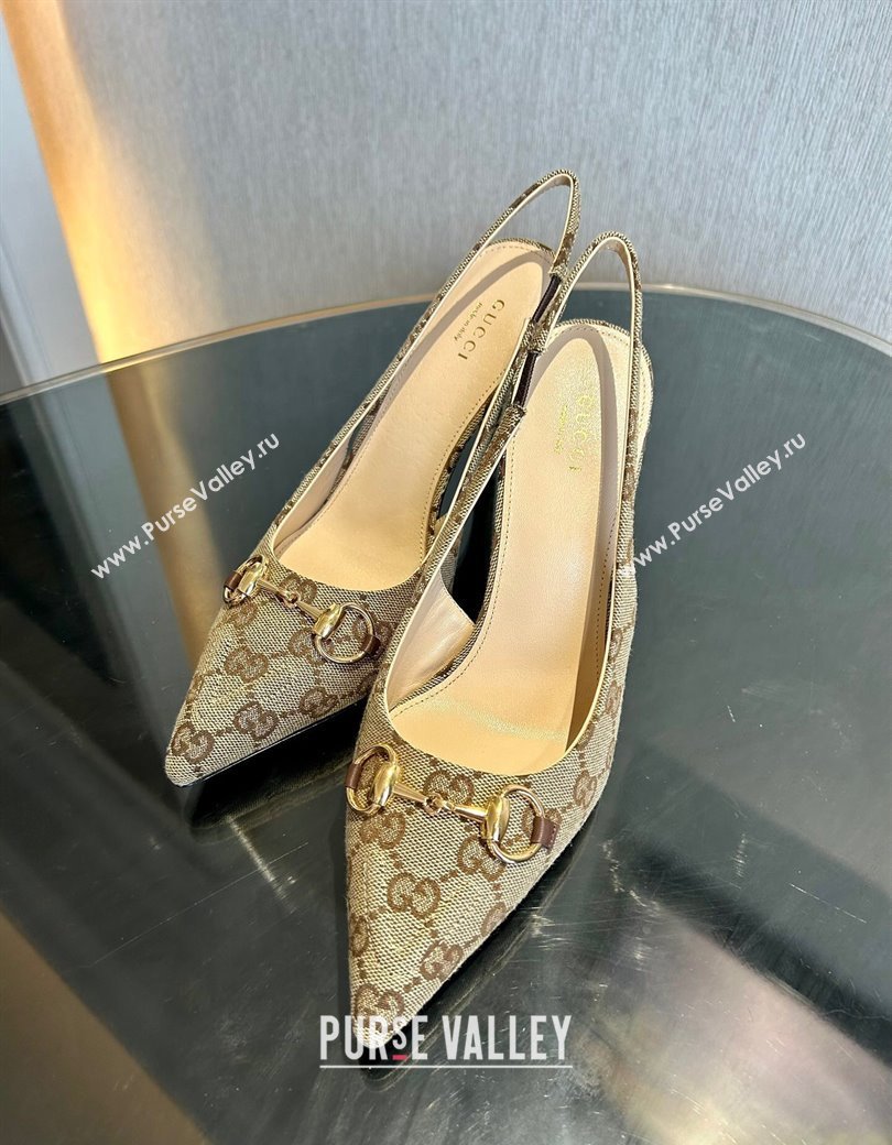 Gucci GG Canvas Slingback Pumps 10.5cm with Horsebit Beige 2024 782627 (MD-241119023)