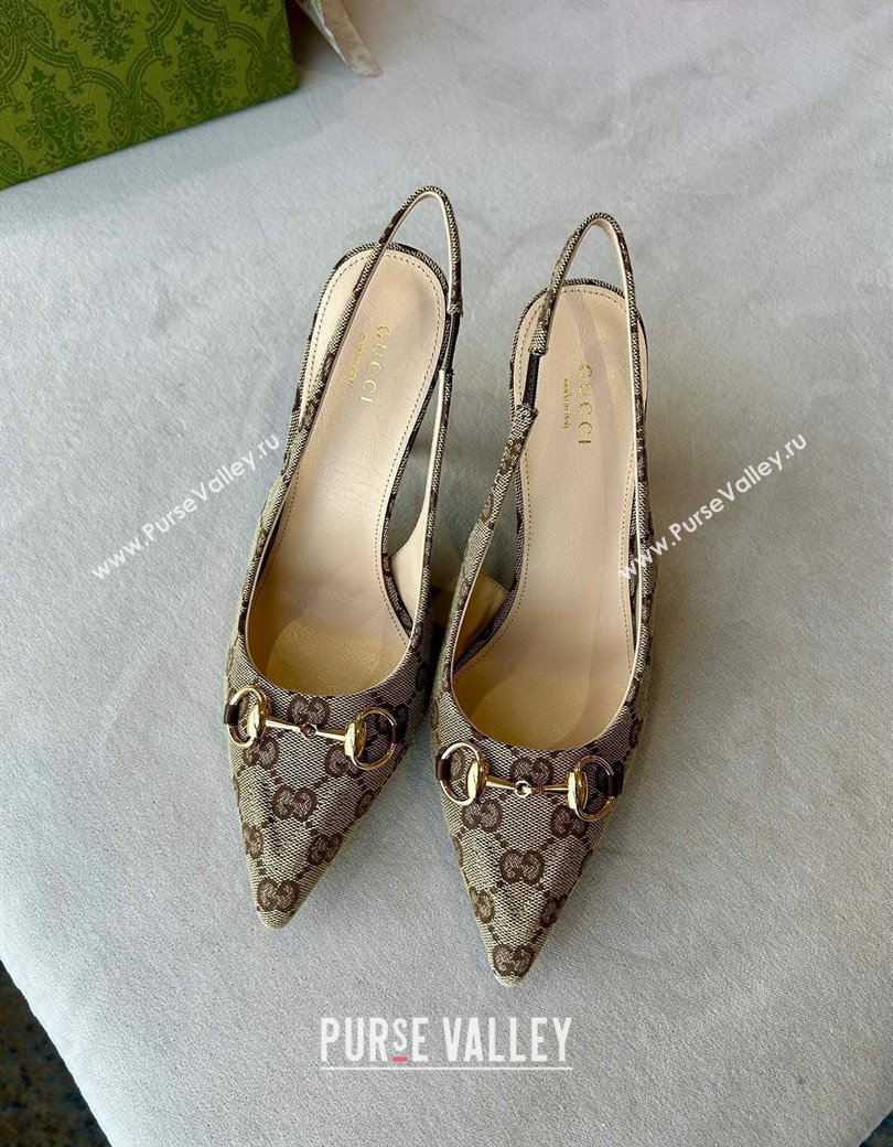 Gucci GG Canvas Slingback Pumps 10.5cm with Horsebit Beige 2024 782627 (MD-241119023)