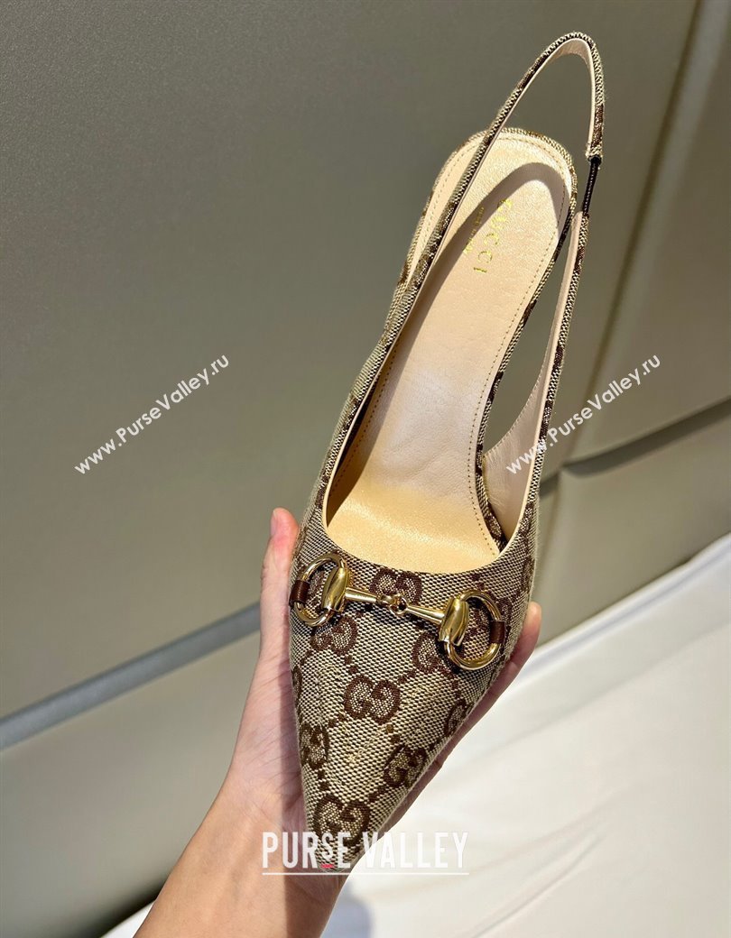 Gucci GG Canvas Slingback Pumps 10.5cm with Horsebit Beige 2024 782627 (MD-241119023)