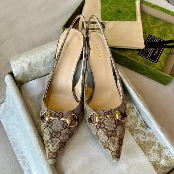 Gucci GG Canvas Slingback Pumps 10.5cm with Horsebit Beige 2024 782627 (MD-241119023)