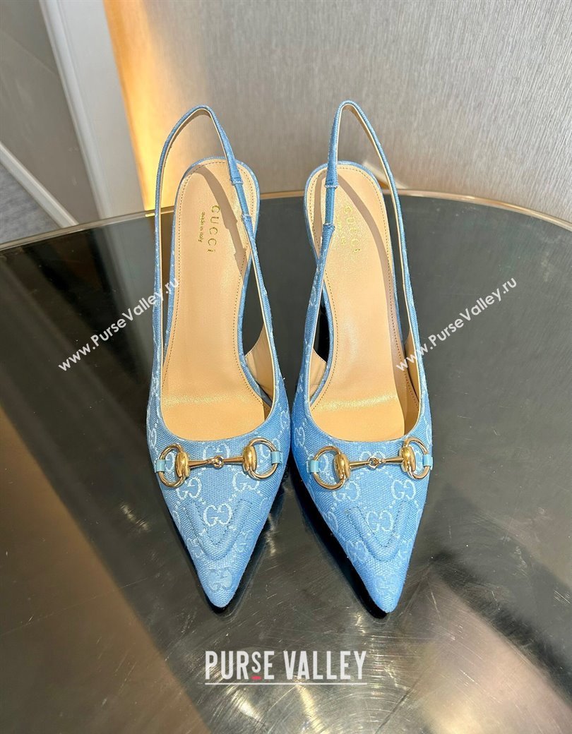 Gucci GG Canvas Slingback Pumps 10.5cm with Horsebit Light Blue 2024 782627 (MD-241119024)