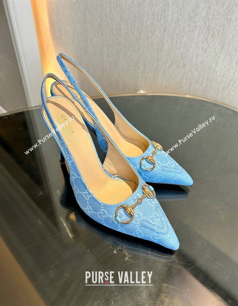 Gucci GG Canvas Slingback Pumps 10.5cm with Horsebit Light Blue 2024 782627 (MD-241119024)