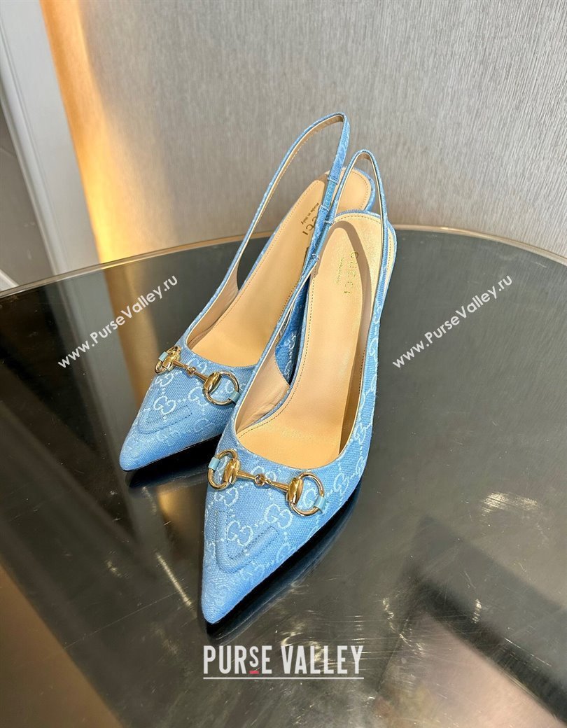 Gucci GG Canvas Slingback Pumps 10.5cm with Horsebit Light Blue 2024 782627 (MD-241119024)