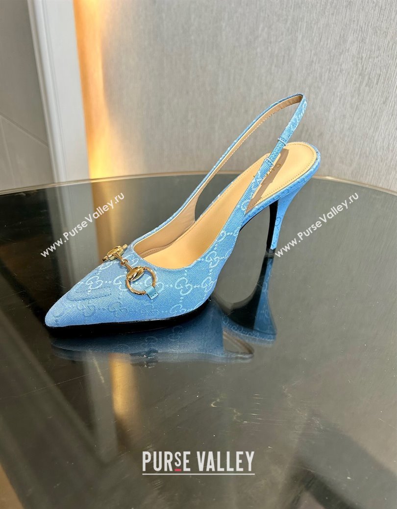 Gucci GG Canvas Slingback Pumps 10.5cm with Horsebit Light Blue 2024 782627 (MD-241119024)