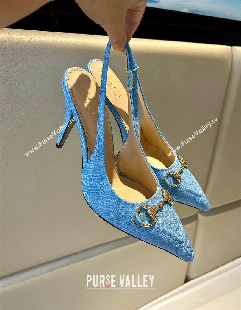 Gucci GG Canvas Slingback Pumps 10.5cm with Horsebit Light Blue 2024 782627 (MD-241119024)