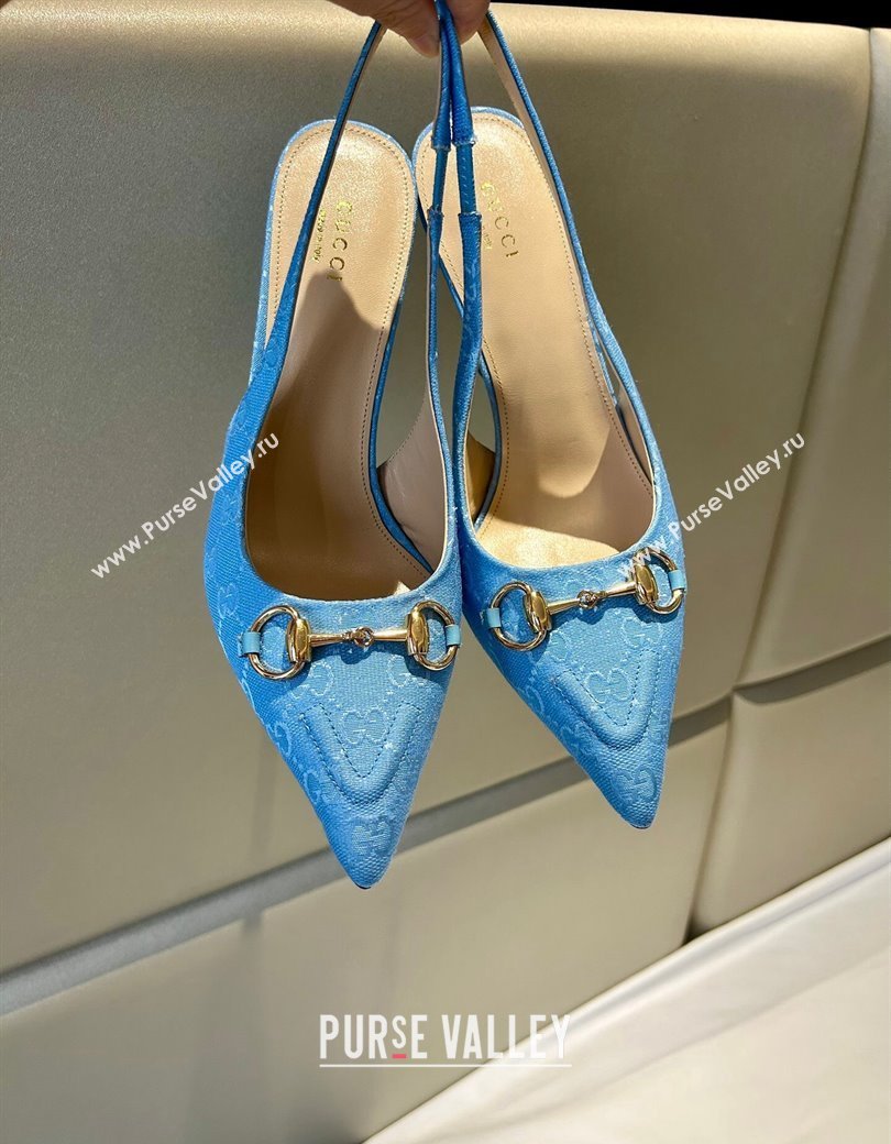 Gucci GG Canvas Slingback Pumps 10.5cm with Horsebit Light Blue 2024 782627 (MD-241119024)