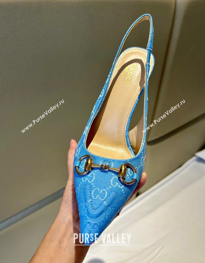 Gucci GG Canvas Slingback Pumps 10.5cm with Horsebit Light Blue 2024 782627 (MD-241119024)