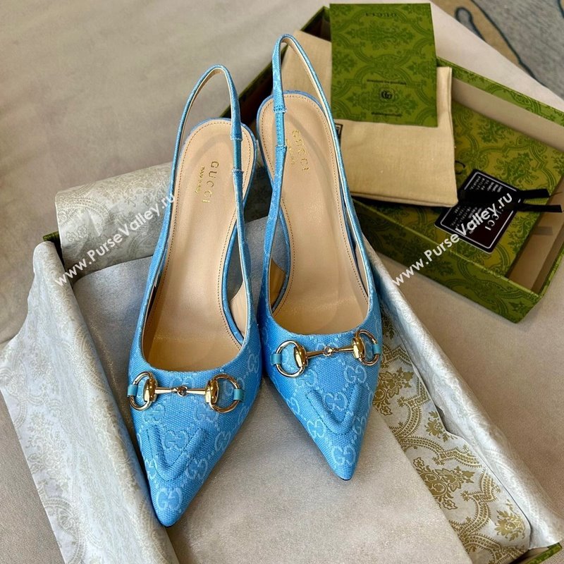 Gucci GG Canvas Slingback Pumps 10.5cm with Horsebit Light Blue 2024 782627 (MD-241119024)