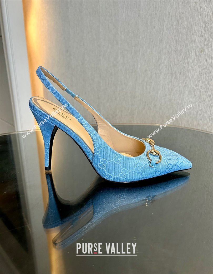 Gucci GG Canvas Slingback Pumps 10.5cm with Horsebit Light Blue 2024 782627 (MD-241119024)