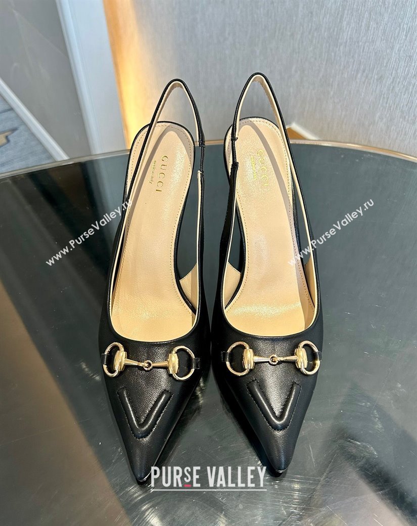 Gucci Calf Leather Slingback Pumps 10.5cm with Horsebit Black 2024 782627 (MD-241119025)