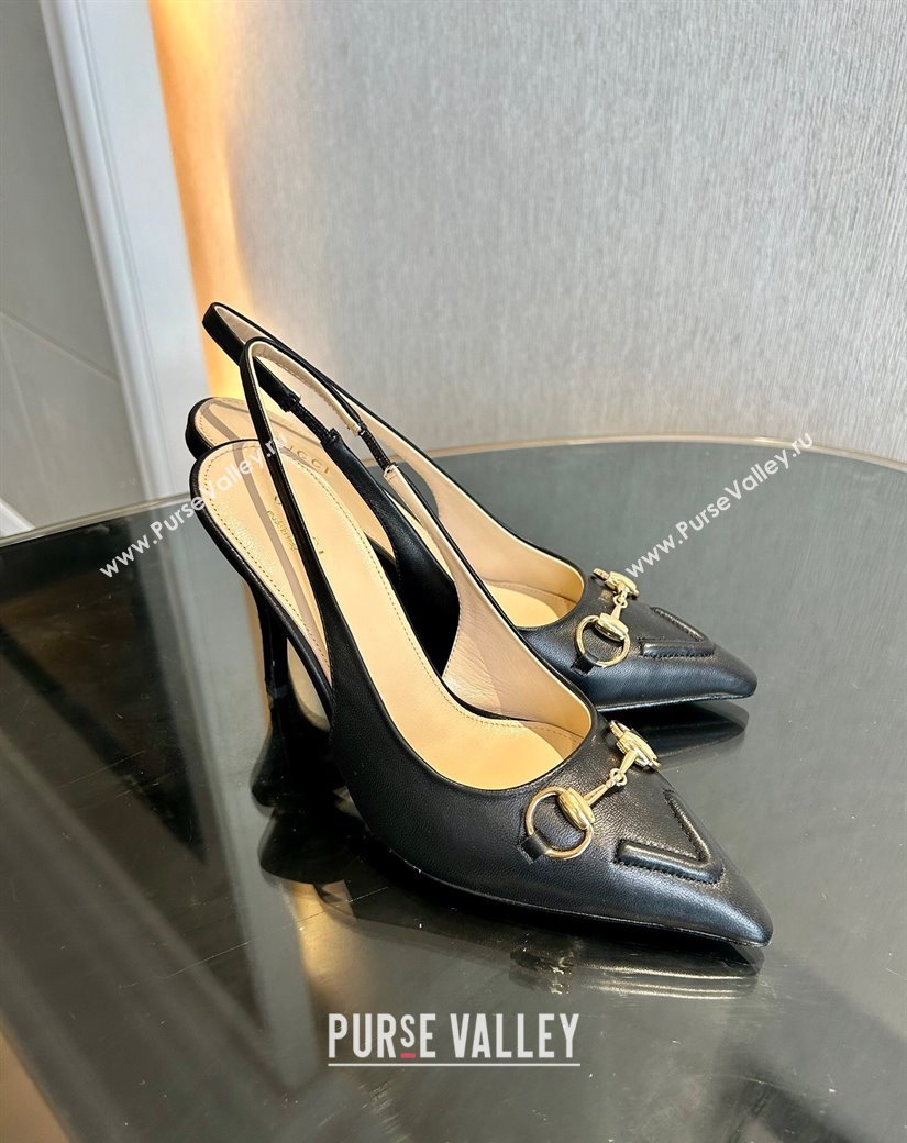 Gucci Calf Leather Slingback Pumps 10.5cm with Horsebit Black 2024 782627 (MD-241119025)