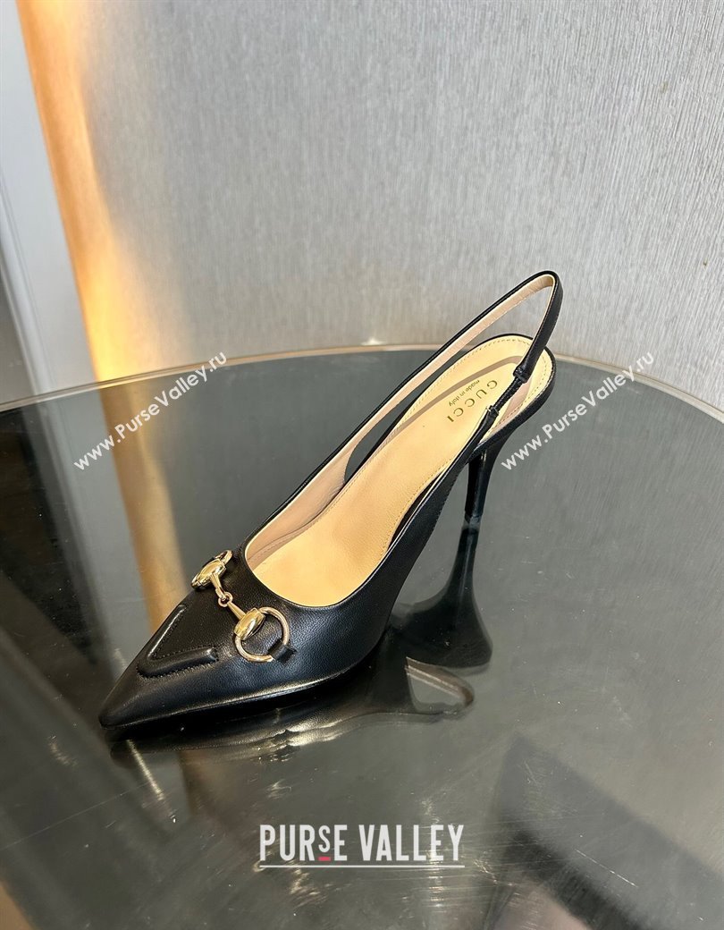 Gucci Calf Leather Slingback Pumps 10.5cm with Horsebit Black 2024 782627 (MD-241119025)