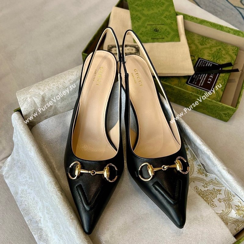 Gucci Calf Leather Slingback Pumps 10.5cm with Horsebit Black 2024 782627 (MD-241119025)